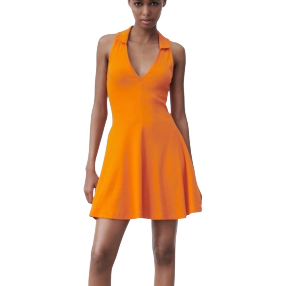 NWT Zara Orange Collared Ribbed Knit Sleeveless Flared Mini Dress - M
